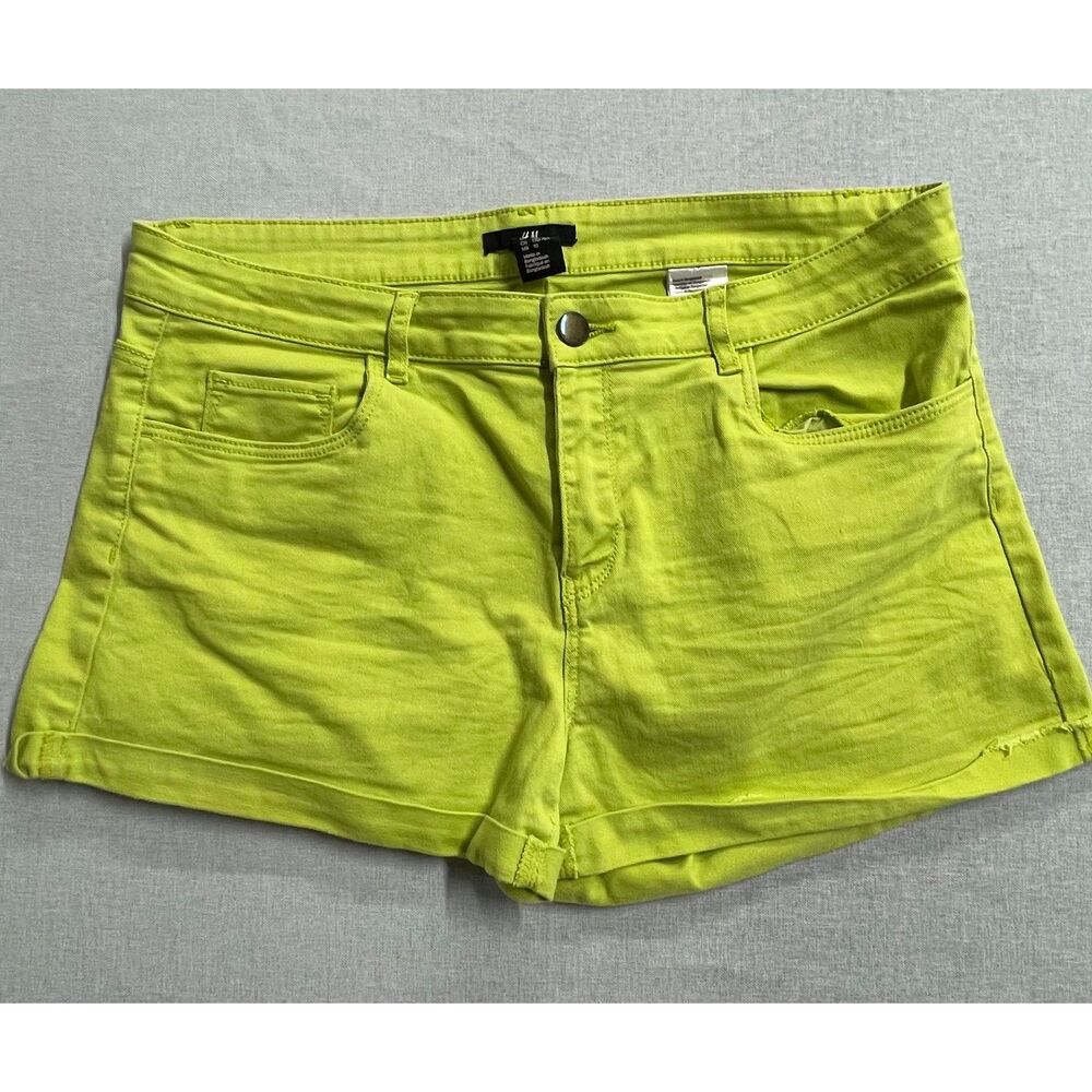 H&M Neon Green Denim Shorts Womens Size 10 Stretch Cuffed Summer